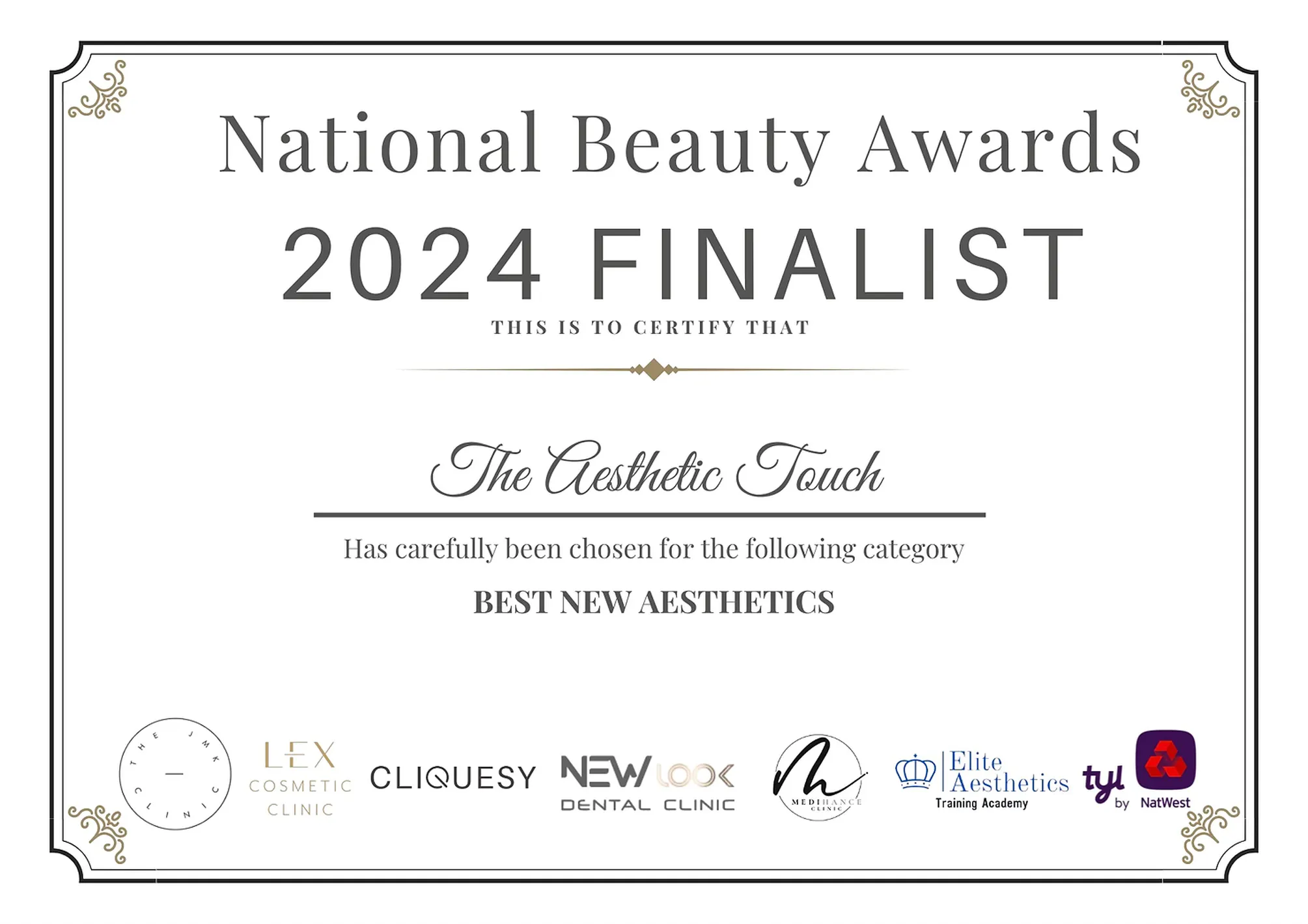 National Beauty Awards 2024 finalist certificate